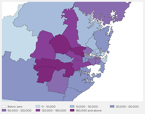 Map of Greater Sydney showing projected population growth by local government area 2016-2041