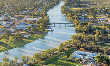 Scenic aerial of the Darling River and Murray River, Wentworth. Image courtesy of Destination NSW.