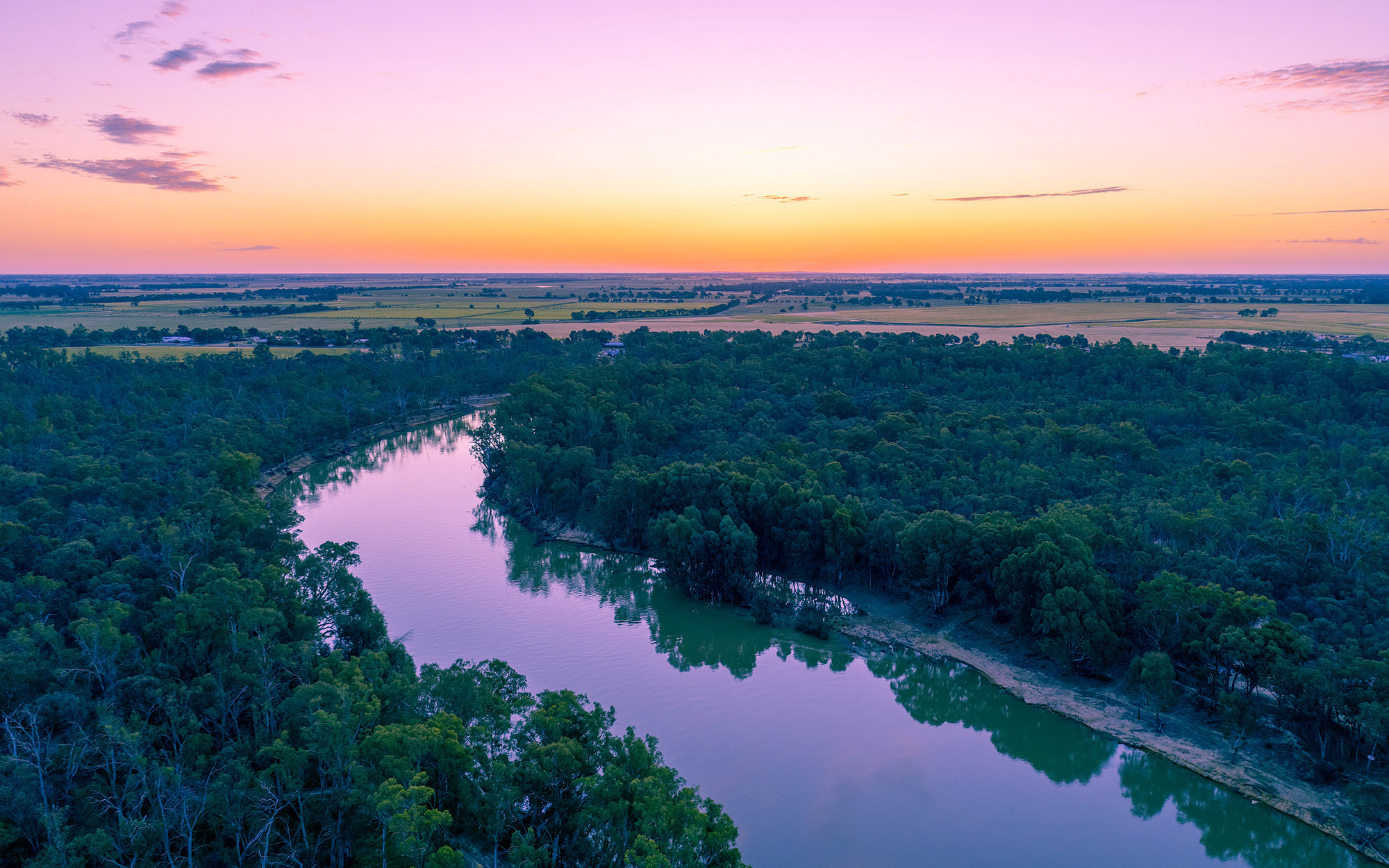 Aerial view of Murray River at dusk. Moama, NSW.